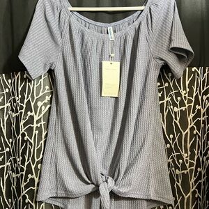 Gray Ribbed Short Sleeve Blouse with Tie Front